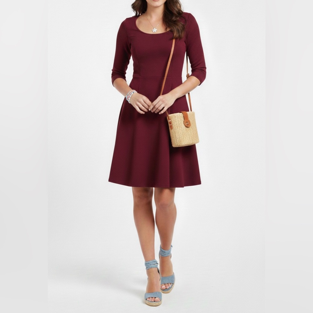 Old Navy Burgundy Fit & Flare Mini Dress - 3/4 Sleeve - Size XS